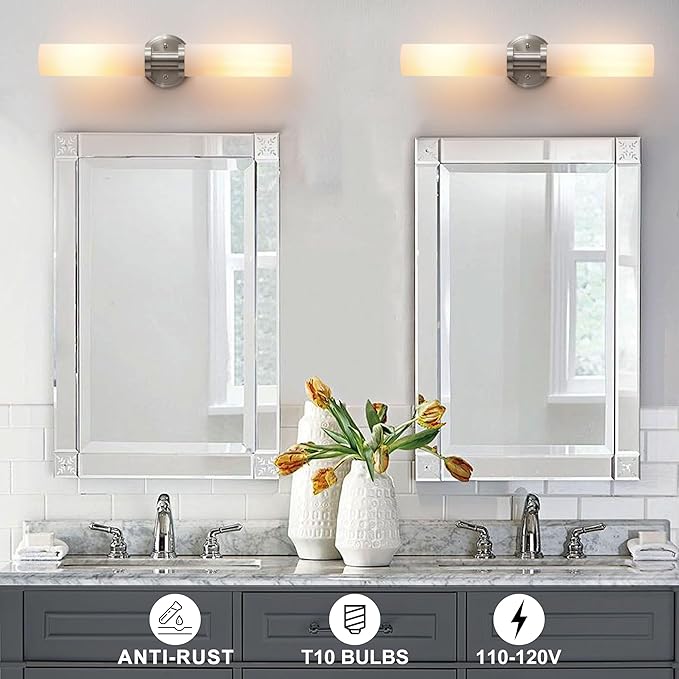 Wall Sconces Set of Two,Brushed Nickel Bathroom Sconces Wall Lighting with White Glass, Modern Sconces Wall Decor Set of 2 Wall Light fixtures for Bathroom Mirror Living Room Hallway Bedroom Wall Lamp