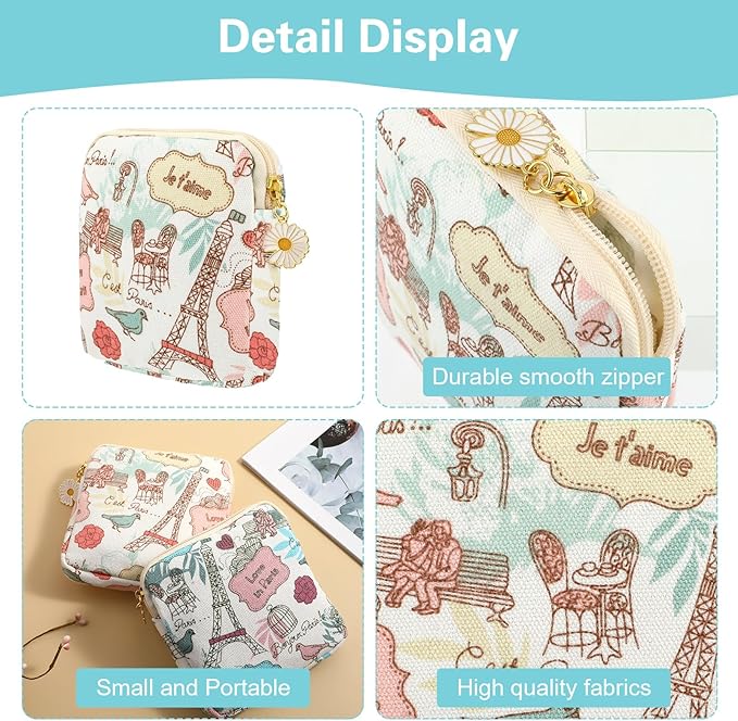 Amabro Sanitary Napkin Storage Bag, 2PCS Period Bags Cute Sanitary Pad Storage Pouch Tampon Pantyliners Menstrual Purse Daisy Zipper for Women Teen Girls School Travel Feminine Product(Tower)