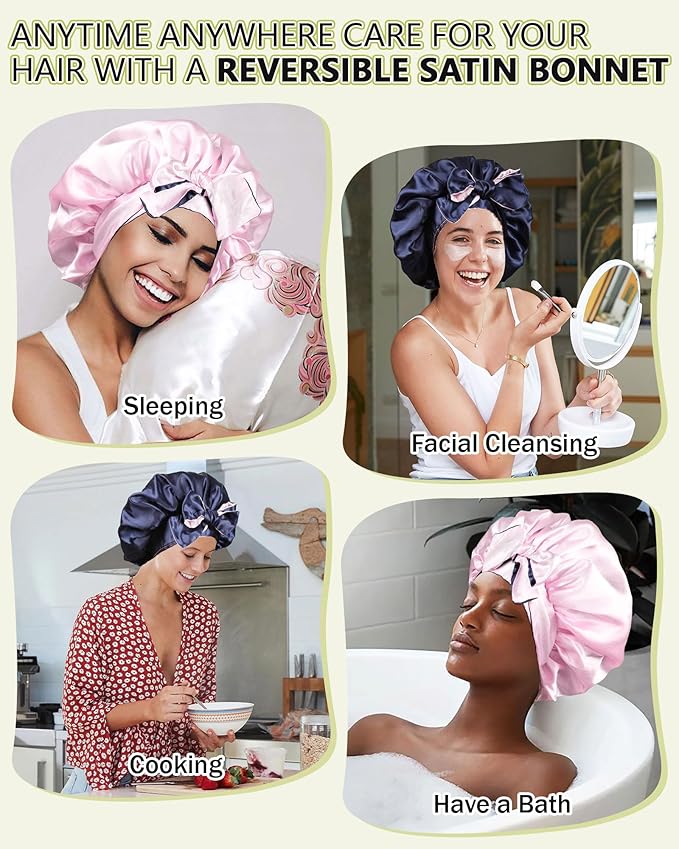 Satin Bonnet Silk Hair Wrap for Sleeping - Reversible Cap with Tie Band - Night Cap Double Layer for Curly Hair (Navy Blue + Pink)