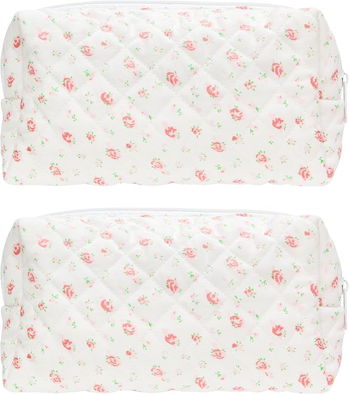 PAZIMIIK 2PCS SET Vintage Quilted Makeup Bag Cosmetic Pouch for Brushes Pencils and Travel Make Up Accessories for Women and Girls Gauze Rose