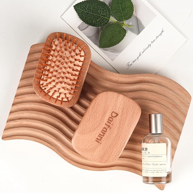 Natural Wooden Hair Brush with Bamboo Pins - No Handle Scalp Massager for Hair Growth & Detangling, Small Mini Portable Hairbrush for All Hair Types, Women Men Travel Gift (Rectangular)