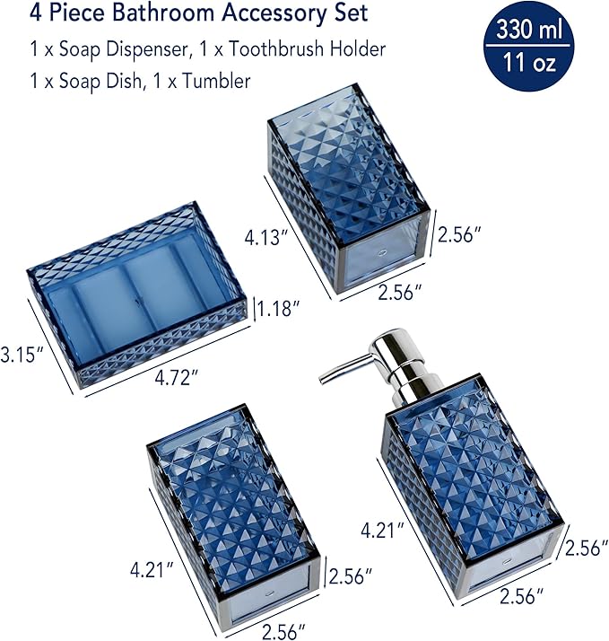 Blue Bathroom Accessories Set, 4 PCS Dark Navy Blue Bathroom Accessories Sets Complete, Diamond Pattern Bathroom Soap Dispenser and Toothbrush Holder Set, Boho Bathroom Décor and Accessories