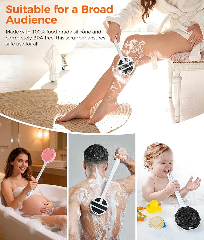 Silicone Body Scrubber with Long Handle, 2 Pack Soft Bristles Lathers Easily for Gentle Exfoliating & Deep Clean, Rich Foam, Durable Back Bath Brush (Black + Pink)