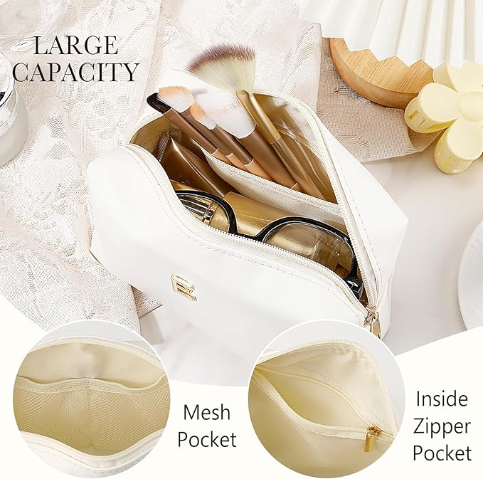 Kigeli Initial Makeup Bag for Women Beige Leather Easter Basket Gifts Monogram Cosmetic Bag Small Travel Toiletry Pouch Wedding Birthday Graduation Bridesmaid Gifts for Teen Girls Women Teachers(E)