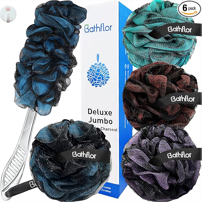 Shower Loofah Sponge Exfoliating Body Scrubber 80g, Charcoal Loofa for Women & Men Bath Wash: 1 Long Handle Back Brush Plus 4 Packs Extra Large 80g Soft Luffa Poufs, 1 Lufa Hook (Charcoal)