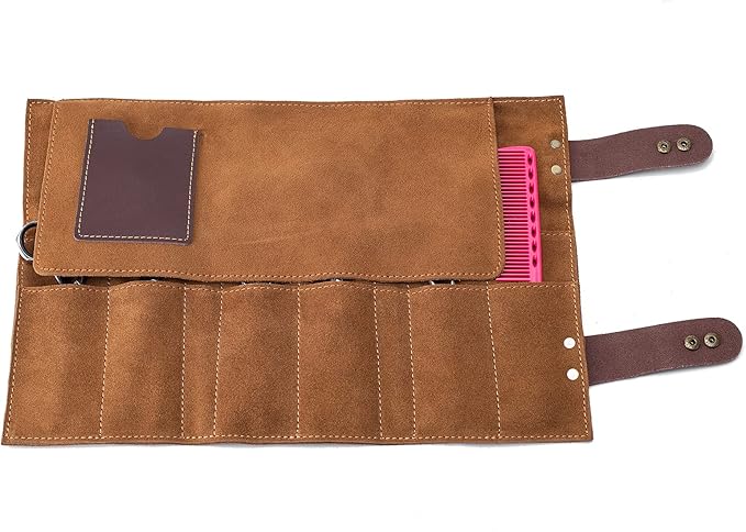 Hair Stylist Scissor Holder Pouch Cases for Hairdressers, Real Leather Scissor Roll Up Bag, Salon Tools Organizer for Barber Hairdresser (V-001-Brown)