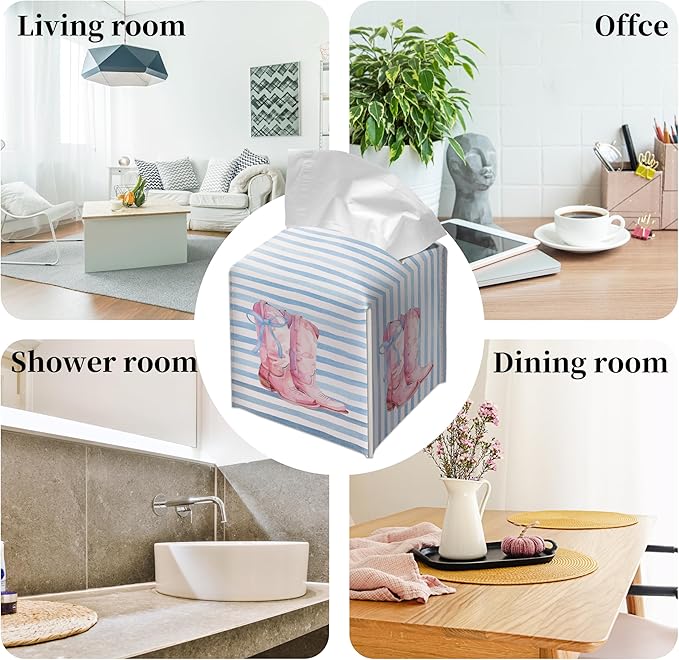 Grace Yonks Cute Tissue Box Cover Square - Pink Cowgirl Boots & Blue Bow Design 5.2" PU Leather Holder for Vanity, Desk, or Bathroom Counter - Cube Case for Facial Tissues(006)