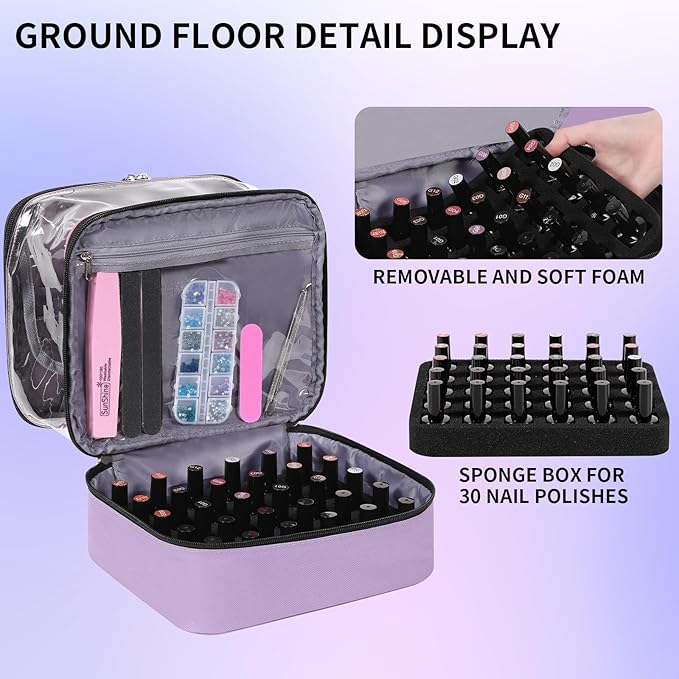 Clear Nail Polish Organizer Double layer Nail Polish Holds 30 Bottles and Nail Lamp, Nail Dryer Case Storage Supplies with Adjustable Dividers, Portable Nail Carrying Bag for Nail Tech (Purple)