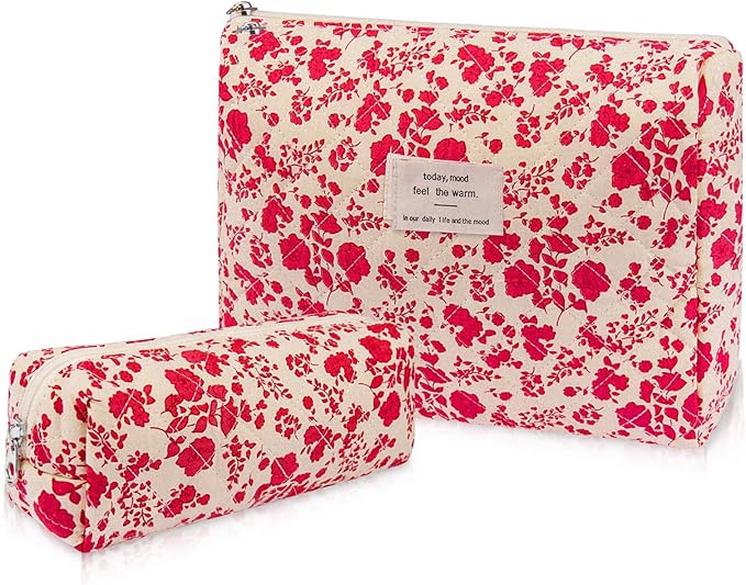 2PC Makeup Bag Set, Cute Cosmetic Bag for Women Girls, Floral Coquette Aesthetic Toiletry Bag, Travel Make Up Organizer Bag (Beverly)