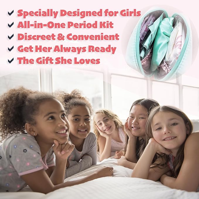 Essential First Period Kit for Girls 10-12 | Period Bags for Teen Girls for School | First Period Gift with Sanitary Pad Storage Bag, Wipes, Period Tracker and More(Mint)