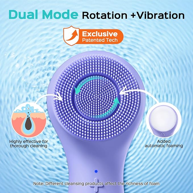 COSLUS FBS03 Face Scrubber Facial Cleansing Brush: 2 in 1 Spin and Vibration Patented, Silicone Electric Exfoliator Scrubber with Automatic Foaming, Waterproof Face Cleanser Brush for Men and Women
