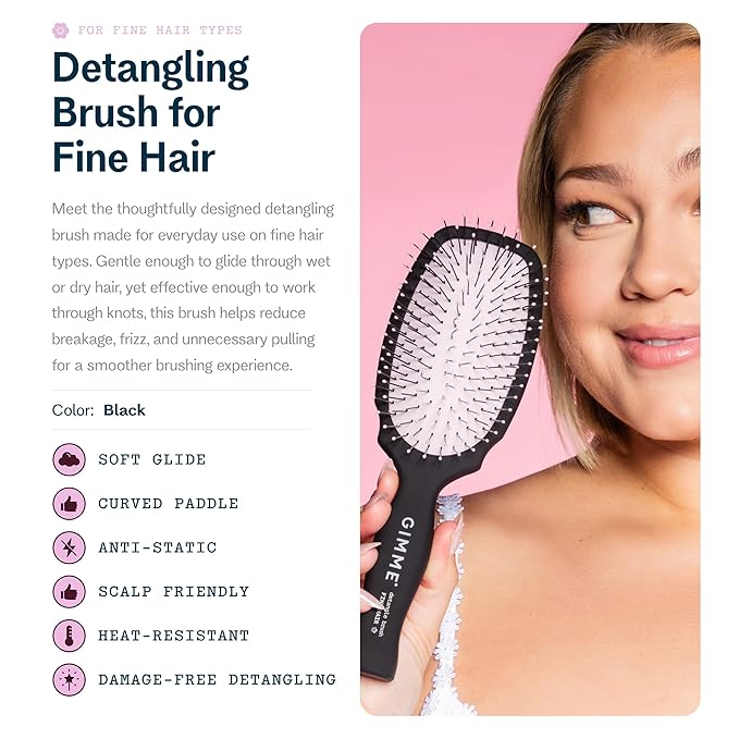 Gimme Beauty Detangling Brush - Curved Paddle Brush for Breakage-Free Detangling - Anti-Static & Frizz - Soft Glide with Ball-Tipped Bristles - Heat-Resistant Styling Tool - Medium Hair