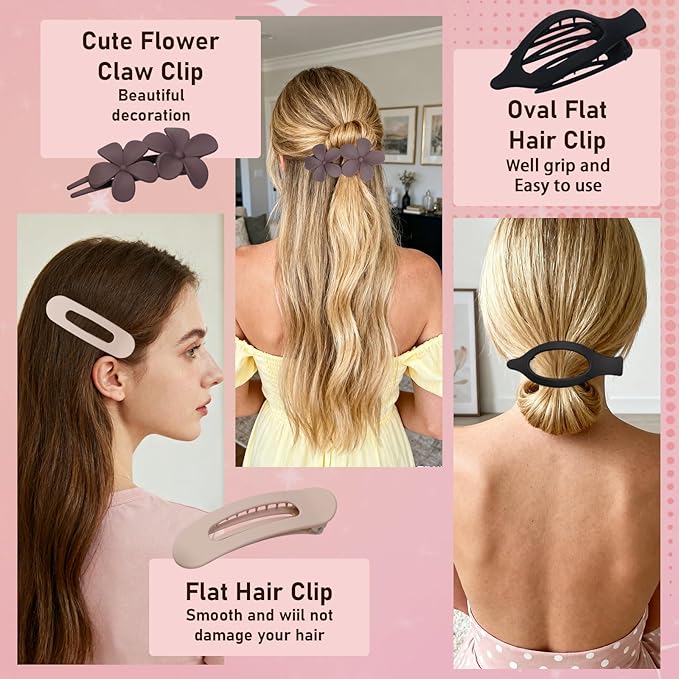 12 Pack Flat Hair Clips Set for Women –Matte Neutral Claw Clips, Flat Barrettes & Flower Hair Pins in Black, Blonde,Light Brown & Dark Brown, Strong Hold Styling Accessories for Thick & Thin Hair