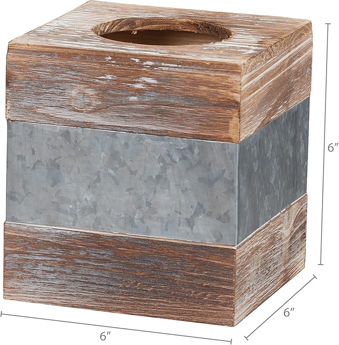 Barnyard Designs Rustic Metal and Distressed Wood Square Tissue Box Cover - Decorative Bathroom Facial Tissue Box Holder Farmhouse Country Decor 6” x 6”