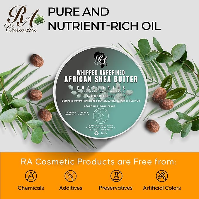 RA COSMETICS Whipped Shea Butter with Eucalyptus Oil – 100% Unrefined Shea Body Butter from Ghana – Moisturizes Skin, Nourishes & Conditions Hair – Softens and Smooths Lips, Hands & Feet – 12oz