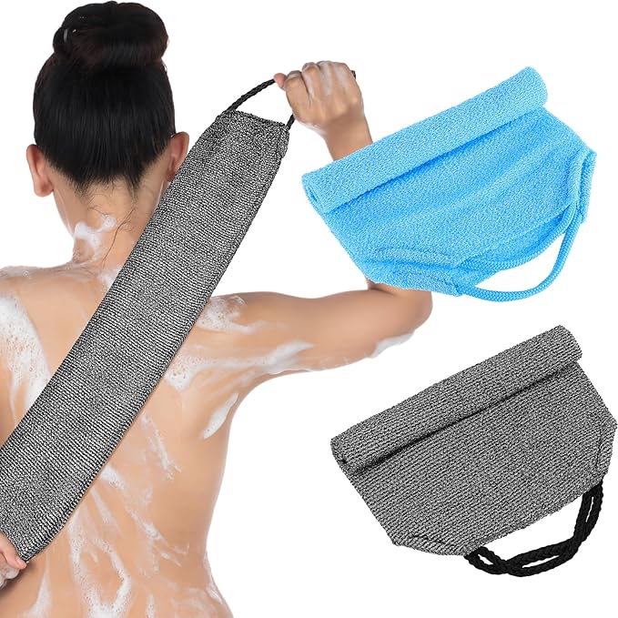 2pcs Exfoliating Back Scrubber Nylon Shower Bath Exfoliator Extended Length Body Scrub Towel Stretchable Pull Korean Washcloth Strap with Handles(Blue + Gray)
