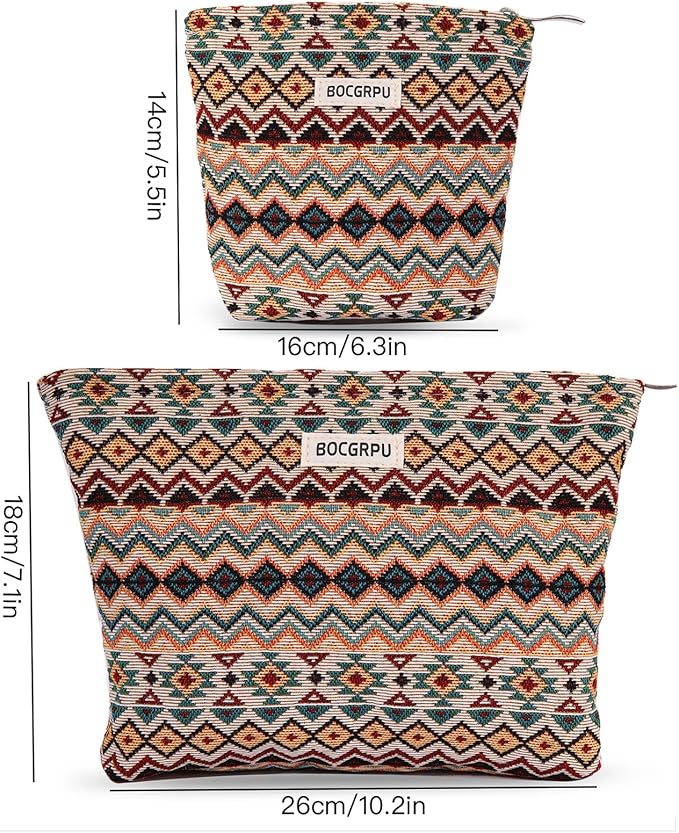 2 PCS Makeup Bag Set，Portable Small Cosmetic Bag for Purse ，Large Storage Capacity Toiletry Bag Organizer，Travel Pouch with Zipper for Women, (Bohemian Style)