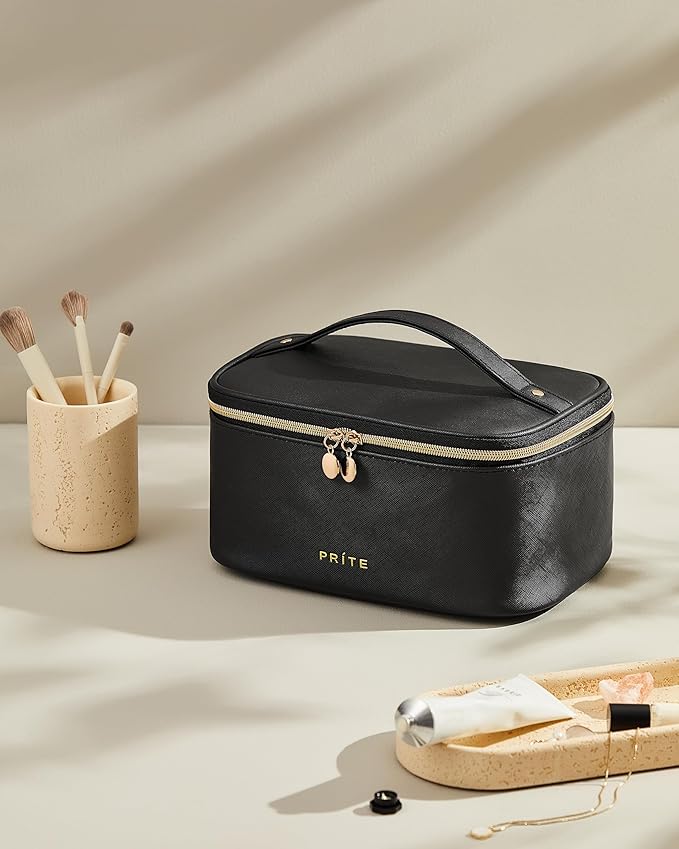 Prite Makeup Bag, Large Capacity Portable Travel Cosmetic Bag, Waterproof Makeup Organizer for Women with Handle and Divider (001 Black)