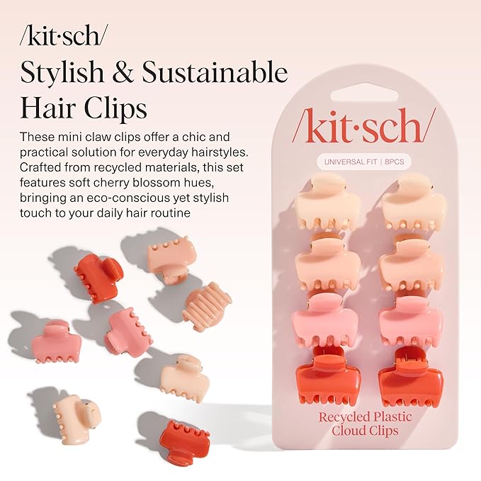 Kitsch Small Hair Clips for Women and Girls – Mini Claw Clips | Hair Accessories | Daily Styling, Recycled, Cherry Blossom Design | Ideal Gifts for Women – 8pc Set