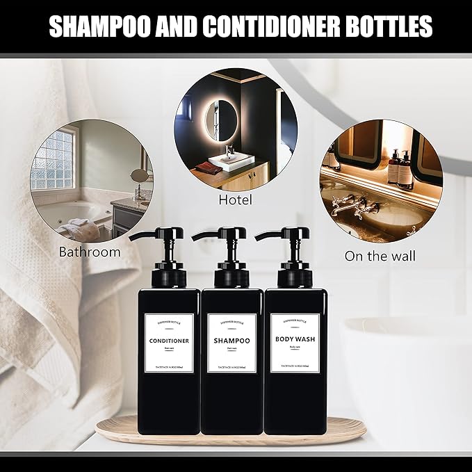 Black Shampoo Dispenser with Pump,YACEYACE 16.9oz Set of 3 Shampoo Bottles with Labels, Empty Refillable Shampoo and Conditioner Bottles, Body Wash Dispenser for Shower, Soap Dispenser Shower