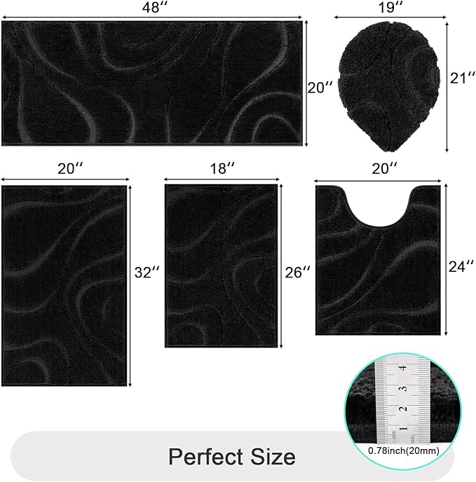 HEBE Bathroom Rugs Sets 5 Piece, Soft Absorbent Microfiber Bath Mat for Bathroom, Non Slip Washable Bath Rug Set with Toilet Cover, Bath Runner and U-Shaped Contour Toilet Rug, Black