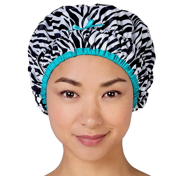 Reusable Shower & Bath Cap & Lined, Oversized Waterproof Shower Caps Large Designed for all Hair Lengths with PEVA Lining & Elastic Band Stretch Hem Hair Hat - Fashionista Sassy Stripes