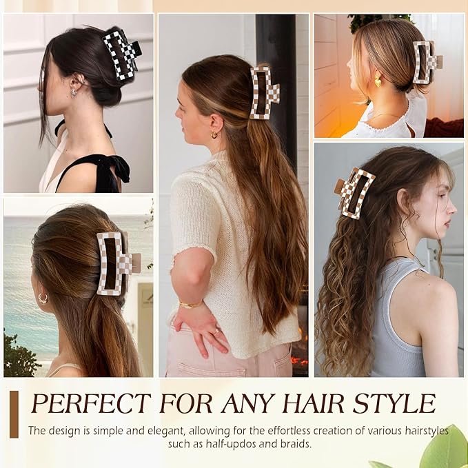 4 PCS 5 Inch Checkered Hair Claw Clips for Women - Square Checker Extra Large Claw Clips, Rectangle Durable Claw Clips for Thick Long Curly Hair, Hair Accessories for Daily, Dating, Work & Travel