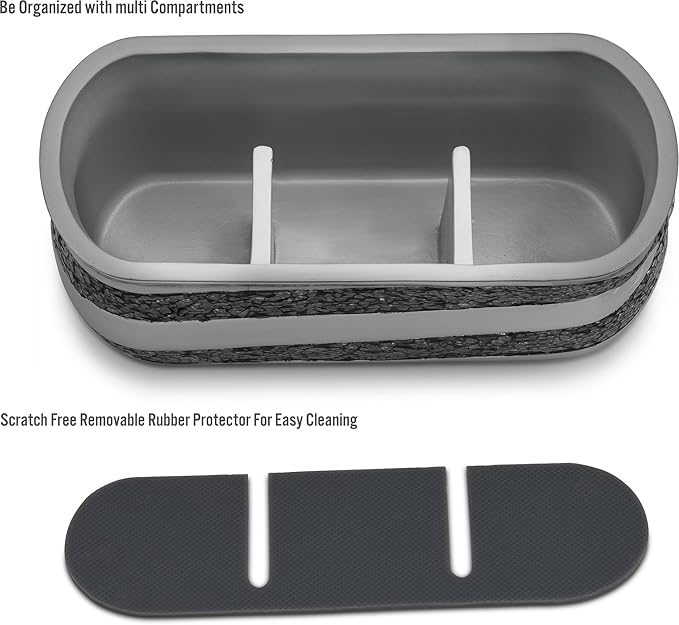 Silver Mosaic Bathroom Counter Vanity Organizer, Countertop Cosmetic Makeup Holder Hair Brush Caddy Hair Accessories Storage, 3-Compartments Decorative Bath Organization (Silver Gray)