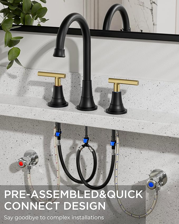 FORIOUS 8 Inch Widespread Bathroom Faucet Black and Gold, 2 Handle Mix Color Rv Matte Black and Brushed Gold Bathroom Sink Faucet 3 Hole, with 360° Rotating Spout, Pop-up Drain, and Supply Line