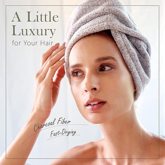 myHomeBody Hair Towel Wrap, Luxury Quick Drying Turban, Ultra Soft Absorbent Charcoal Fiber Cap, with Coconut Shell Button – 2 Pack