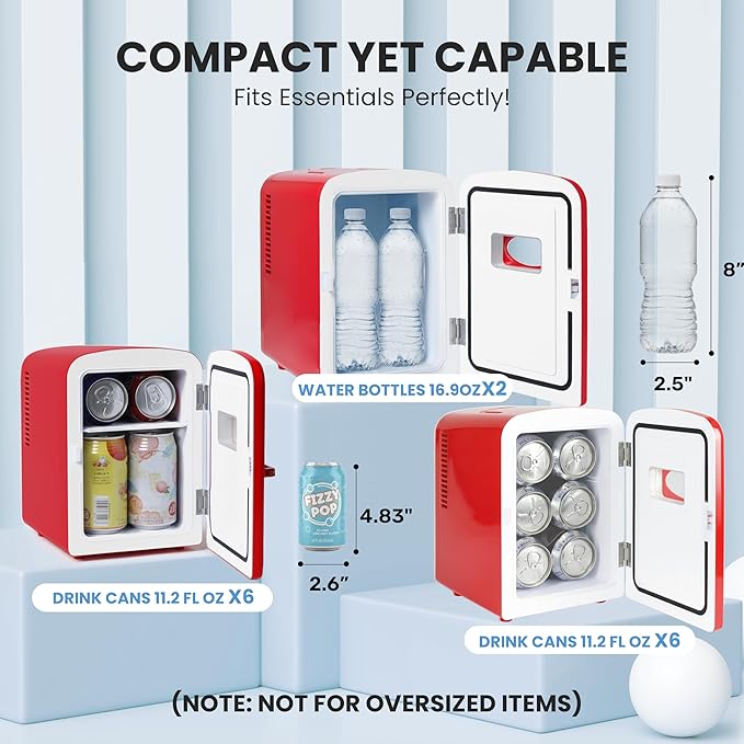 HealSmart 4L Mini Fridge with Observation Window, 6 Can Capacity, Freon-Free and Portable Cooler and Warmer, Cosmetics/Food/Beverage, Red New