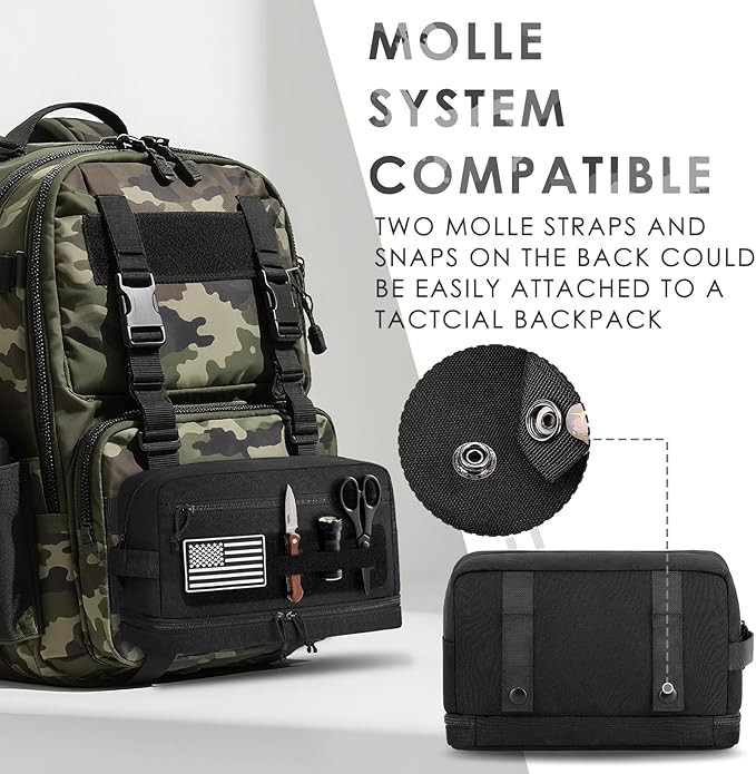 ETRONIK Tactical Toiletry Bag for Men, Travel Hygiene Bag with Double-layer, Hanging Toiletry Bag Water-Resistant Shaving Dopp Kit with EDC Molle Pouches, Bathroom Shower Makeup Bag Women, Black, L