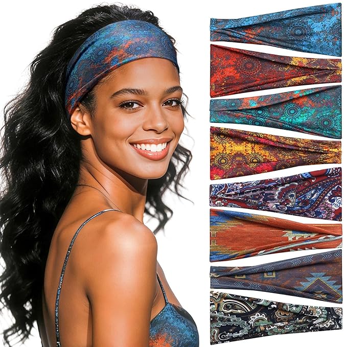 Headbands for Women, 8 Pack Non-Slip Moisture Wicking Sports Wide Head Bands, Stretchy Elastic Fabric, Multiple Colors Securing Hair for Fashion, Sports, Yoga, Running, Daily Life