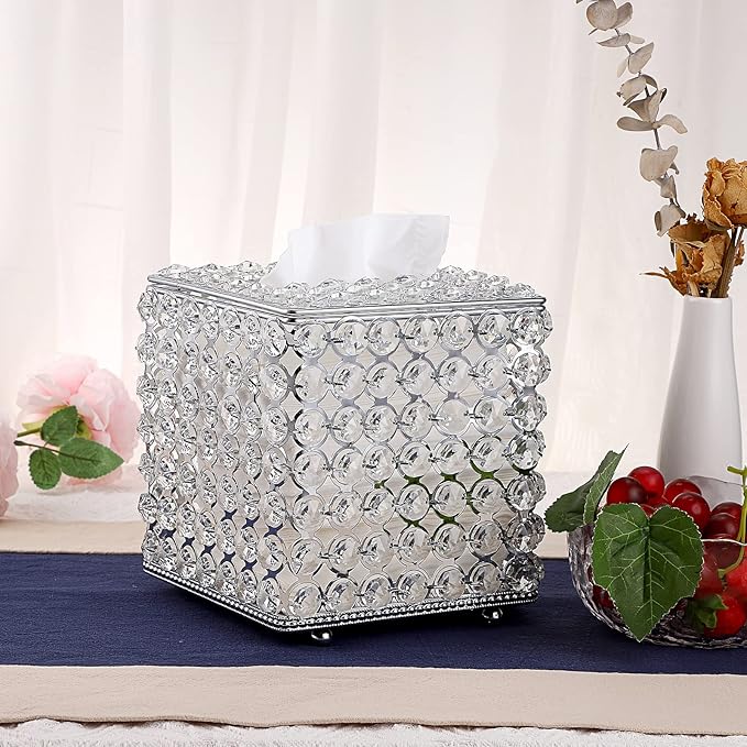 Sumnacon Crystal Square Tissue Box Cover - Decorative Tissue Box Holder, Sparkling Cube Tissue Holder for Bathroom Dresser Night Stand Table Car Store Office Home Decor, Silver