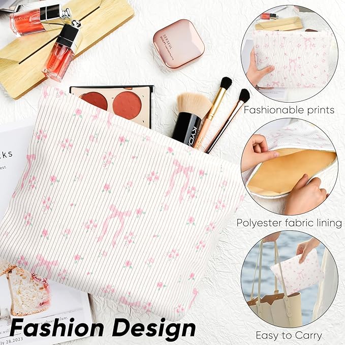Cute Makeup Pouch for Women Flower Small Make Up Bag for Purse Zipper Initial Cosmetic Bags Pouches for Purse Aesthetic Travel Toiletrybags,Pink Bow Rose Floral
