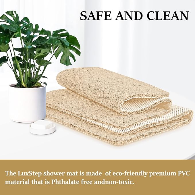 LuxStep Shower Mat Bathtub Mat,24x32 inch, Non-Slip Bath Mat with Drain, Quick Drying PVC Loofah Bathmat for Tub,Shower,Bathroom (Phthalate Free,Khaki)