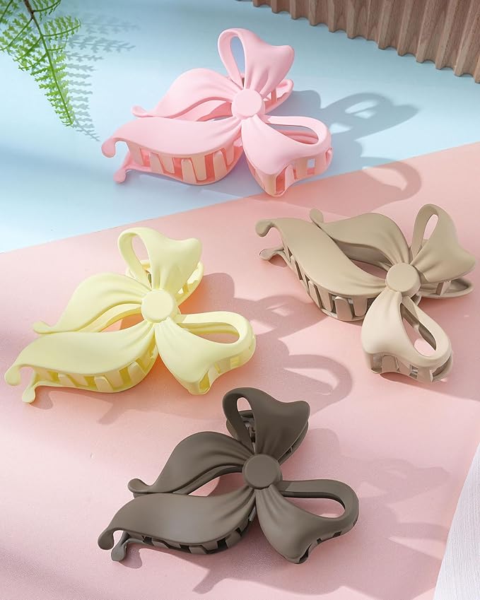 Mesovor 4 Pack Cute Bow Claw Clip for Women, Nonslip Large Matte Strong Hold Bows Hair Clips for Thin and Thick Hair | Chic Hair Styling Accessories (4.1" Khaki, Brown, Beige, Pink)