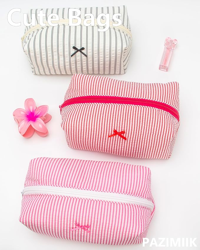 PAZIMIIK Cozy Makeup Bag Small Aesthetic Travel Zipper Cosmetic Pouch for Women Make Up Beauty Accessories Brushes, Stripe Red