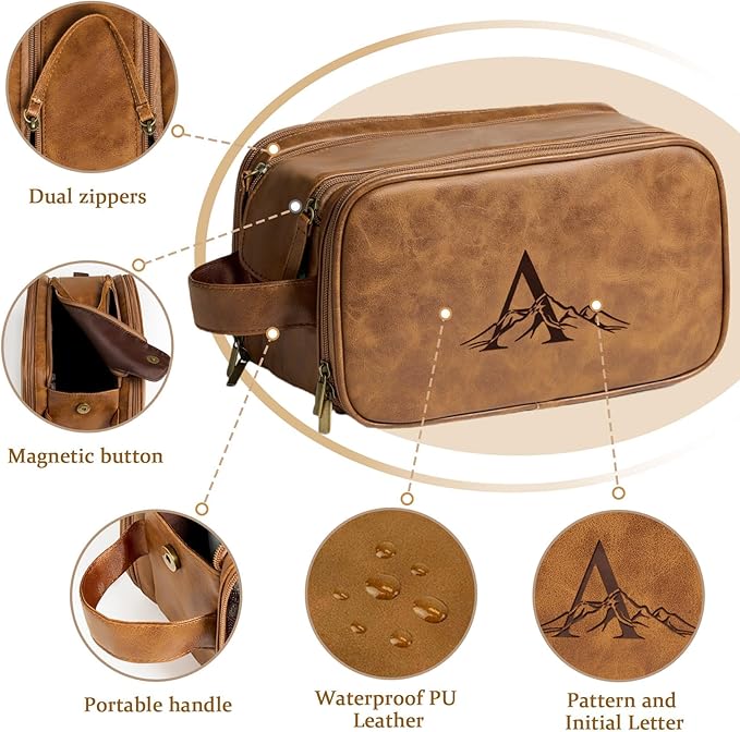 Janhavi Large Personalized Toiletry Bag for Men, Beach Vacation Travel Essentials, Waterproof Toiletry Bag with Hook, Laser Engraved Initials & Mountain, Birthday Gifts For Him (Brown B)