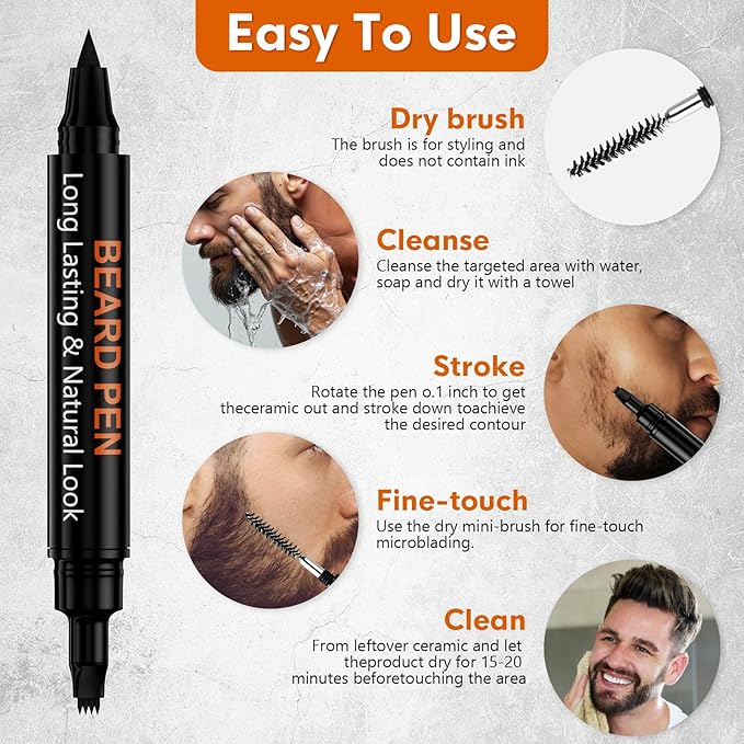 3-Pack Beard Pen Filler for Men, Waterproof & Sweat Proof Long-Lasting Beard Pen Kit with 2 Fillers & 1 Double-Headed Brush – Effectively Enhances Facial Hair (Black)