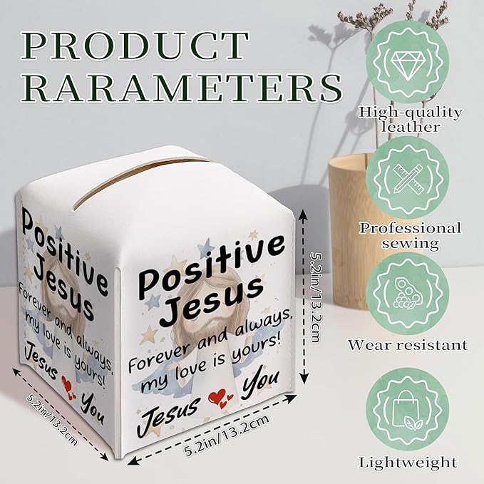 Positive Jesus Tissue Box Cover Square, Catholic Religious Waterproof Leather Tissue Box Holder, Jesus Paper Facial Tissue Box Covers Cube for Office Bathroom Home Prayer Room and Car Decor