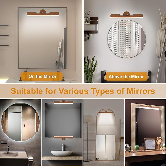 Vanity Light for Mirror with 4000mAh Rechargeable Battery, Touch Control Dimmable Makeup Light with 3 Color Modes, Magnetic 360° Adjustable LED Bathroom Mirror Light, Light Wood
