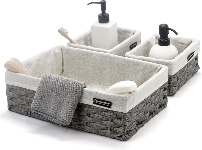 Brookstone Wicker Shelf Storage Basket Decorative Shelf Bin, bathroom organizers and storage, Boho Living Room Decor, Summer Storage 2025-3 Piece Set