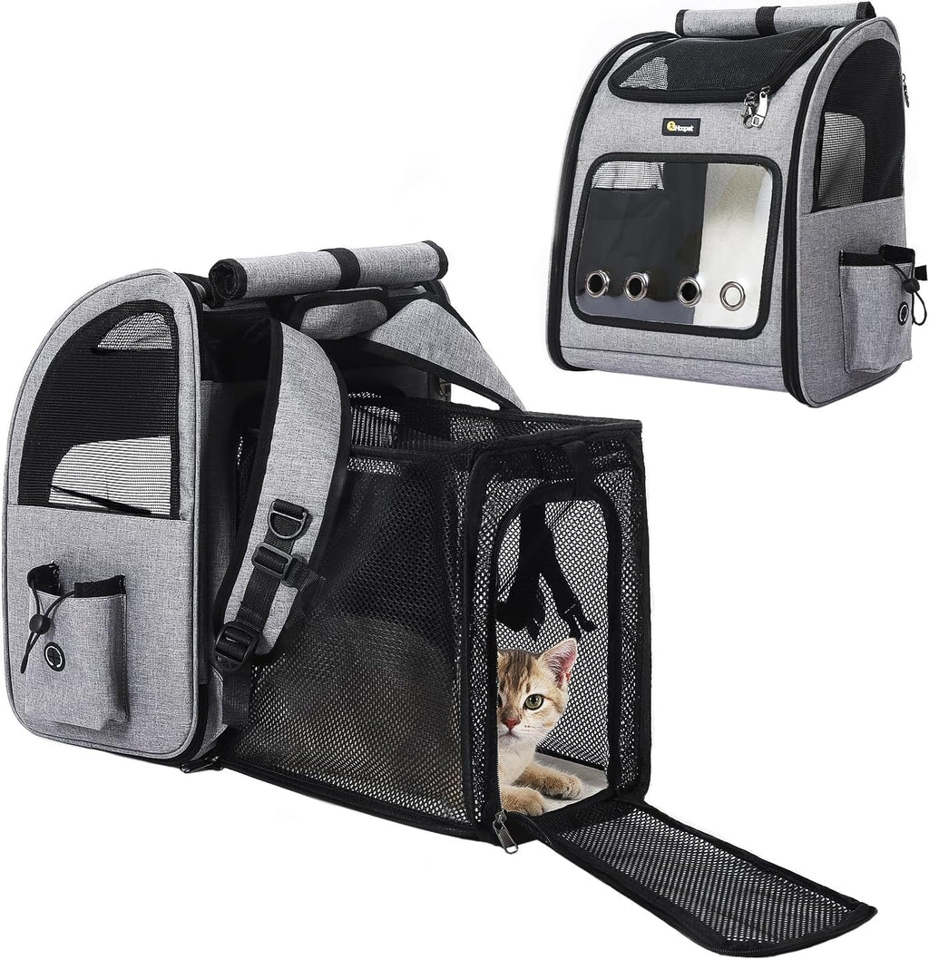 Hoopet Expandable Cat Backpack Carrier – Breathable Pet Carrier for Small Cats & Dogs, Foldable Travel Backpack with Mesh Ventilation for Hiking, Walking, Camping, Light Grey