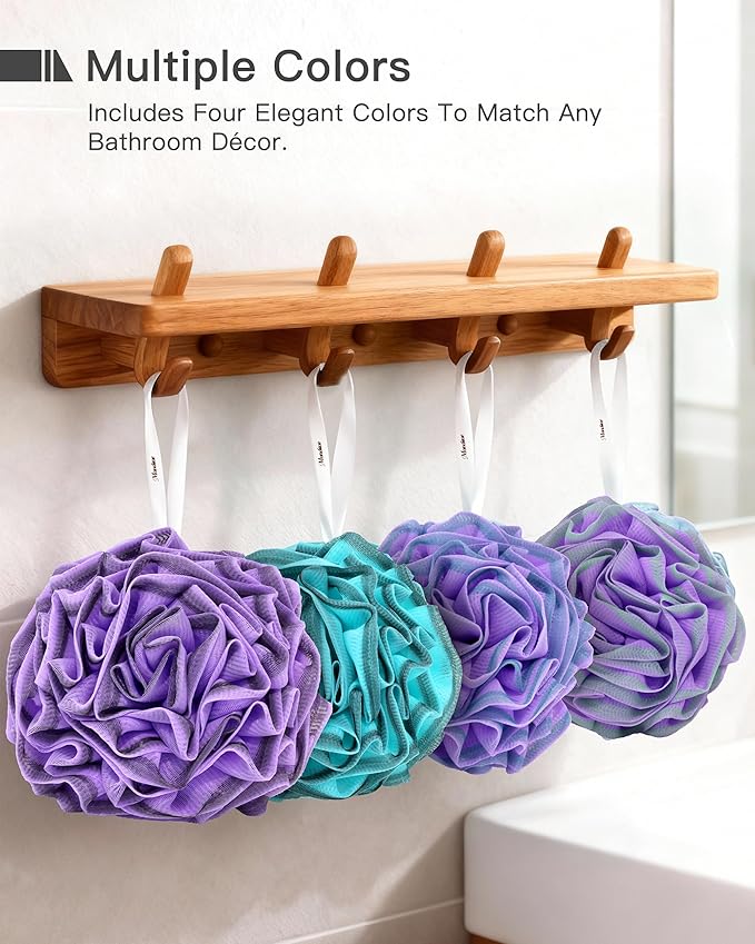 Loofah Sponge 70g, 6.3 Inch Large Exfoliating Bath Sponge, Soft Durable PE Mesh with Reinforced Knotting, Rich Lather Bath Scrubber for Body, for Travel or as a Holiday Gift (4Pack, Purple, Green)
