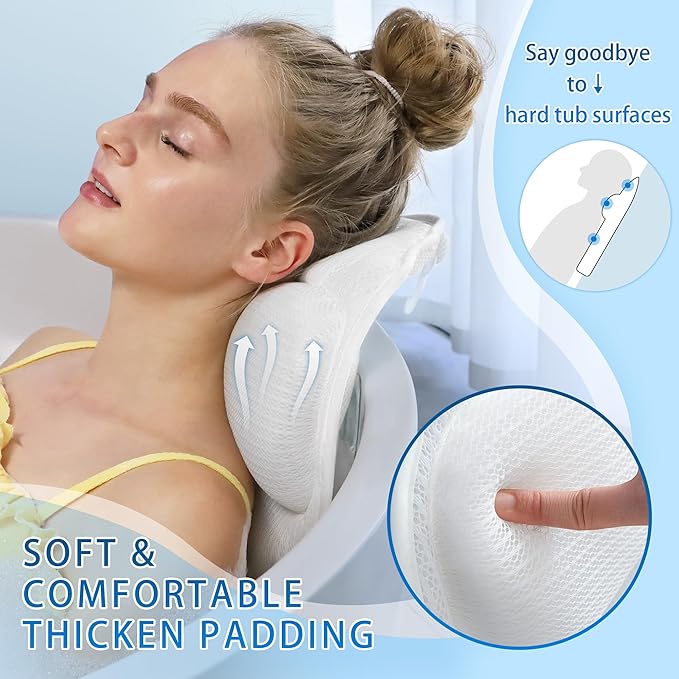 Bath Pillow for Tub, Luxury Bath Pillow Soft 4d Mesh, Bathtub Pillow for Soaking tub with 6 suctions Cups, Bath Tub Pillows for Head and Neck Support, for Relaxing Spa