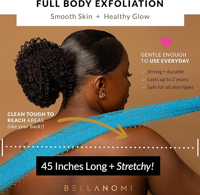 BELLANOMI African Exfoliating Net Sponge, Authentic, Ethically sourced from Nigeria, 45 inches Long, Back Scrubber for Daily use (Baby Blue)