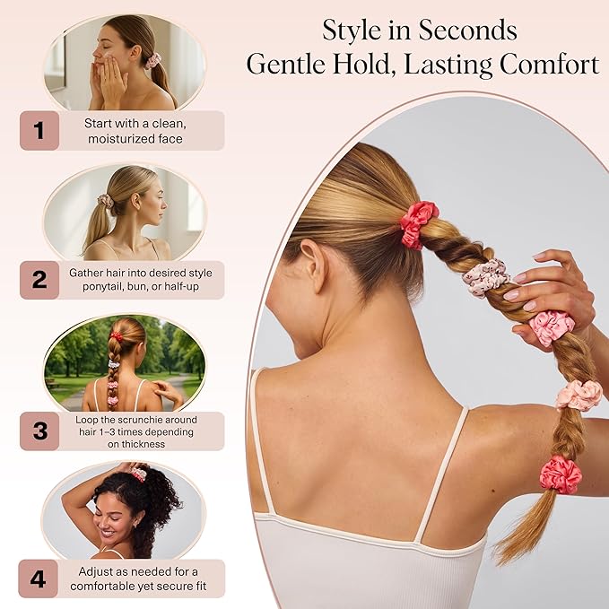 Kitsch Ultra-Petite Satin Scrunchies for Women - No Crease, Frizz-Free Sleep | Softer Than Silk Scrunchies Gentle On Hair Scrunchies for All Hair Types | Stylish Hair Accessories- Cherry Blossom, 5pcs