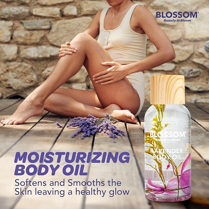 Blossom Dry Body Oil, Scented Body Oils for Women Moisturizing and Hydrating Skincare, Dry Oil for Body Infused with Real Flowers, 2 fl. oz/60ml, Purple, Lavender