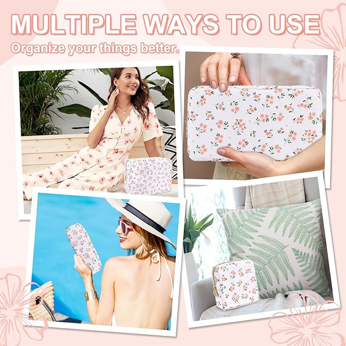 Waterproof Small Floral Makeup Bag Pouch for Purse,Nylon Flower Cosmetic Bag Preppy Travel Toiletry Storage Bag for Women Girl,Cute Makeup Organizer Bag Skincare Bag with Zipper(Small White-Flowers)